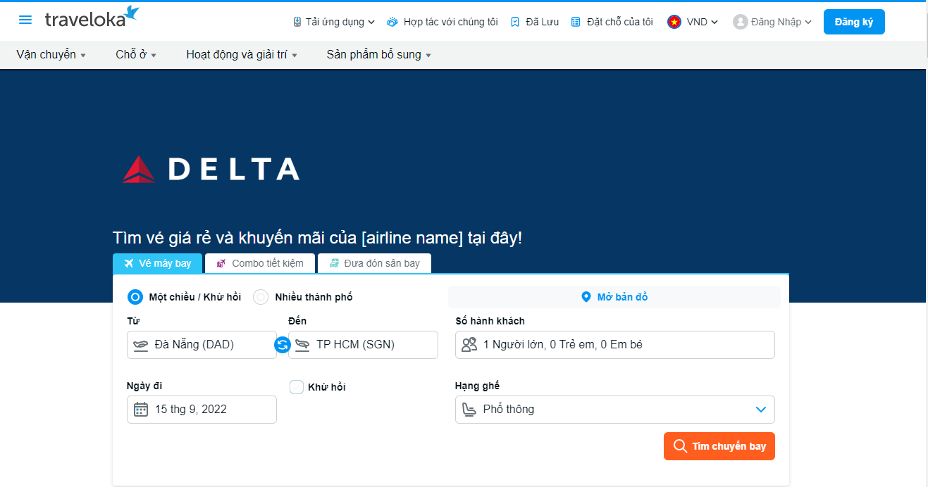 Giao diện đặt vé bay Delta Airlines tại trang web Traveloka 